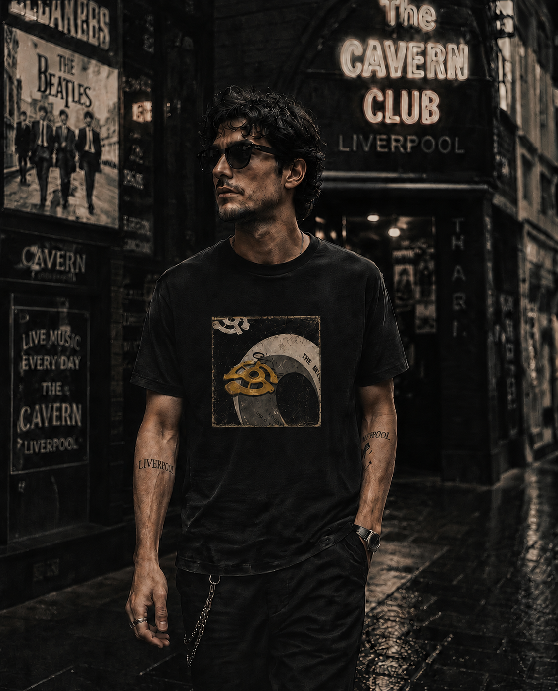 Model wearing the correct 33 RPM original art T-shirt