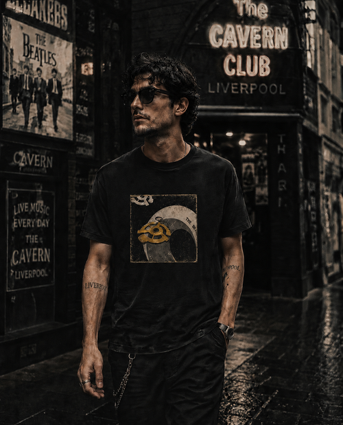 Model wearing the correct 33 RPM original art T-shirt