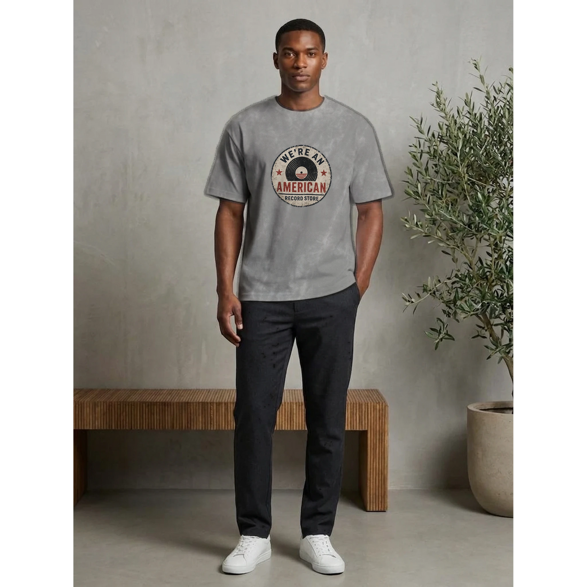 Model wearing the We're an American Record Store T-shirt