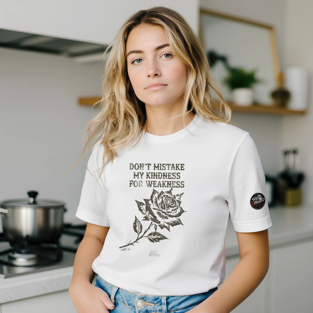 Model wearing the Weakness T-shirt