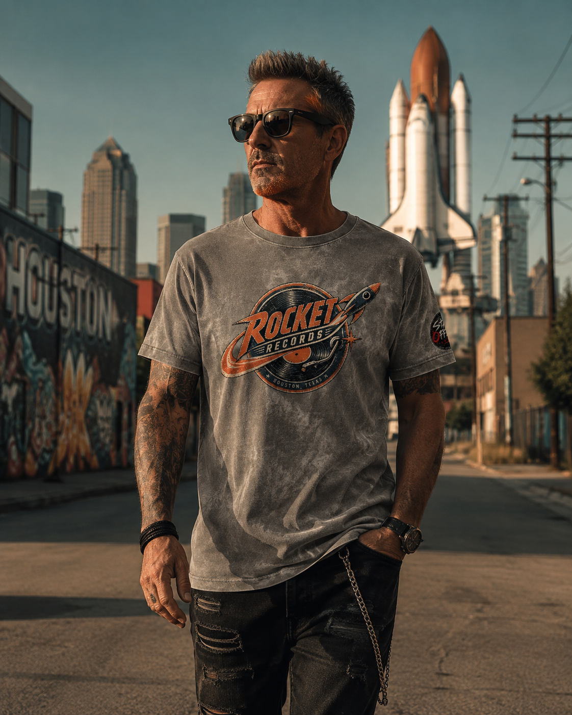 Model wearing the Rocket Records T-shirt