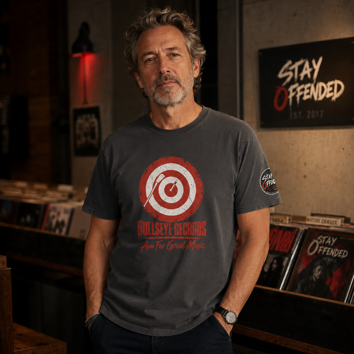 Model wearing the Bullseye Records T-shirt in a Stay Offended record shop