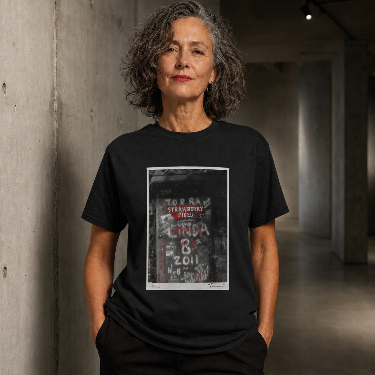 Woman wearing the Forever original art T-shirt