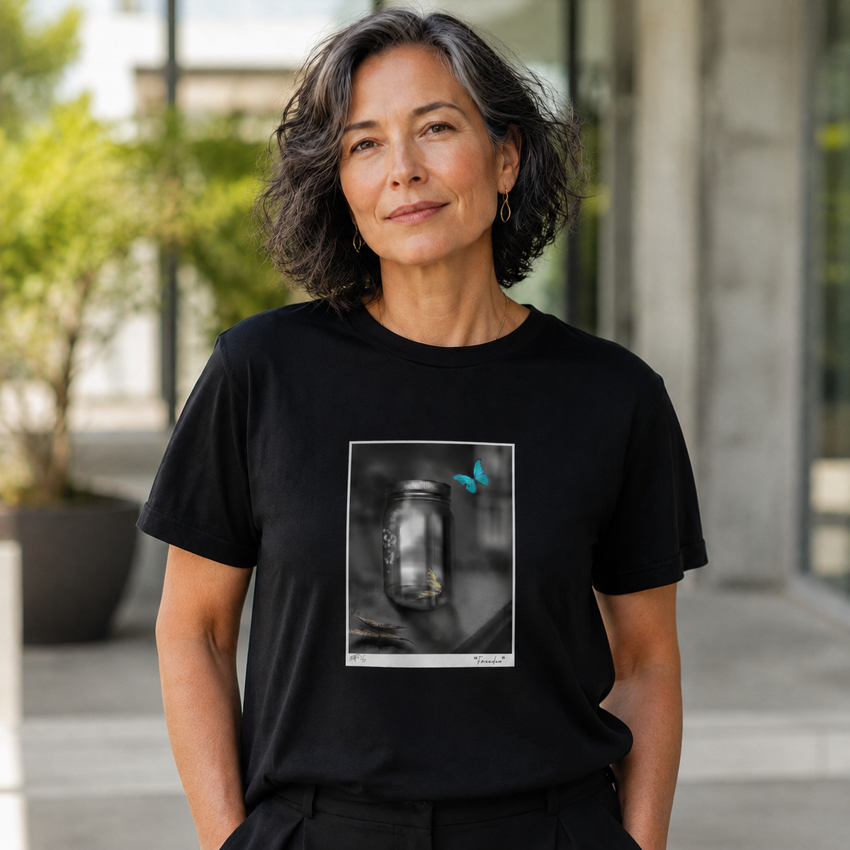 Woman wearing the Freedom original art T-shirt