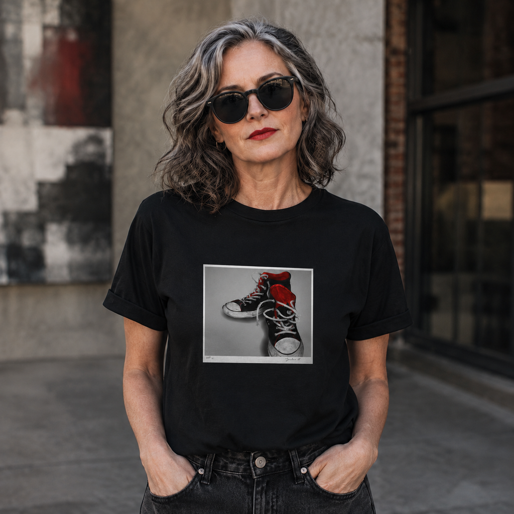 Woman wearing the Jordan 13 Untied Ambition original art T-shirt