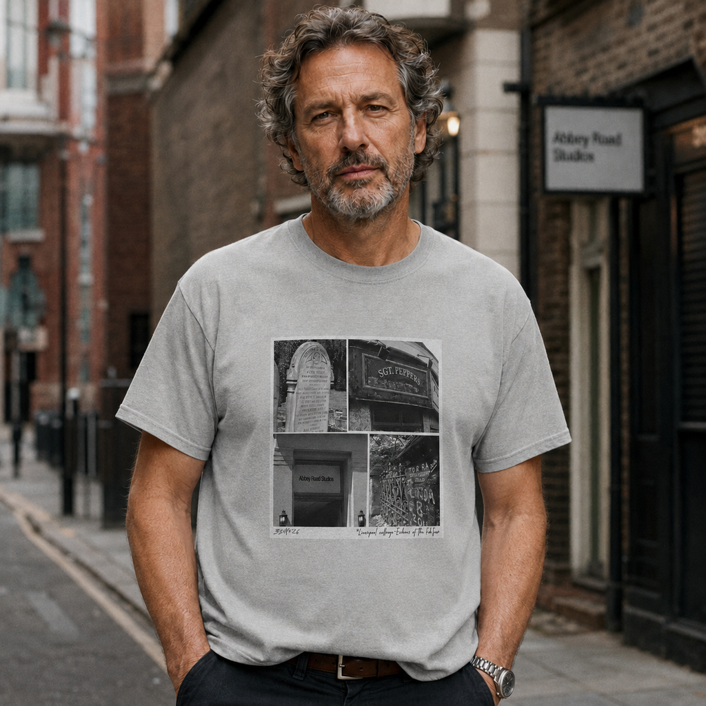 Model wearing the Liverpool Collage original art T-shirt