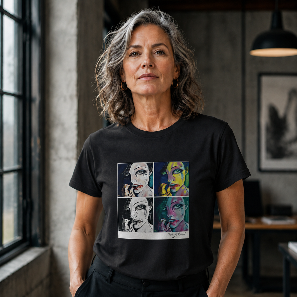 Woman wearing the Midnight Ambition Forged in Strength original art T-shirt
