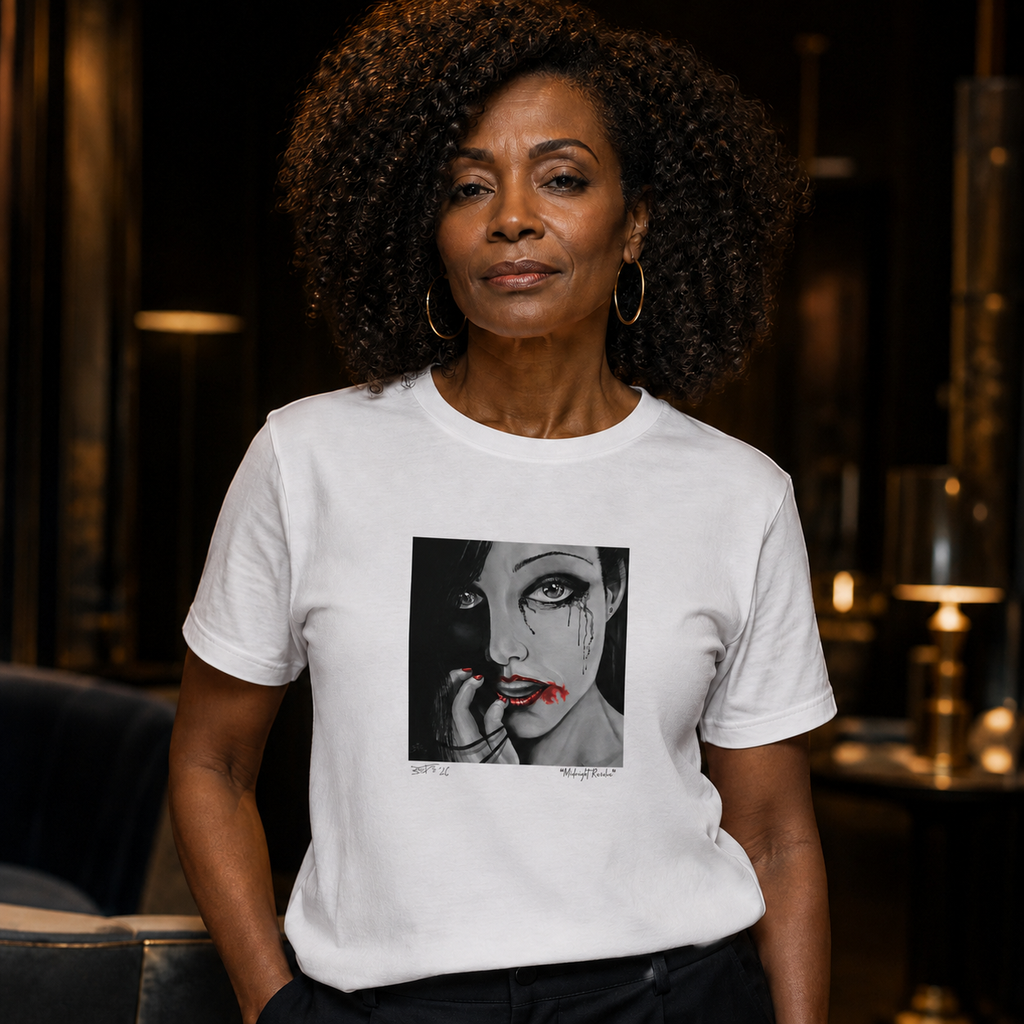 Woman wearing the Midnight Ambition original art T-shirt