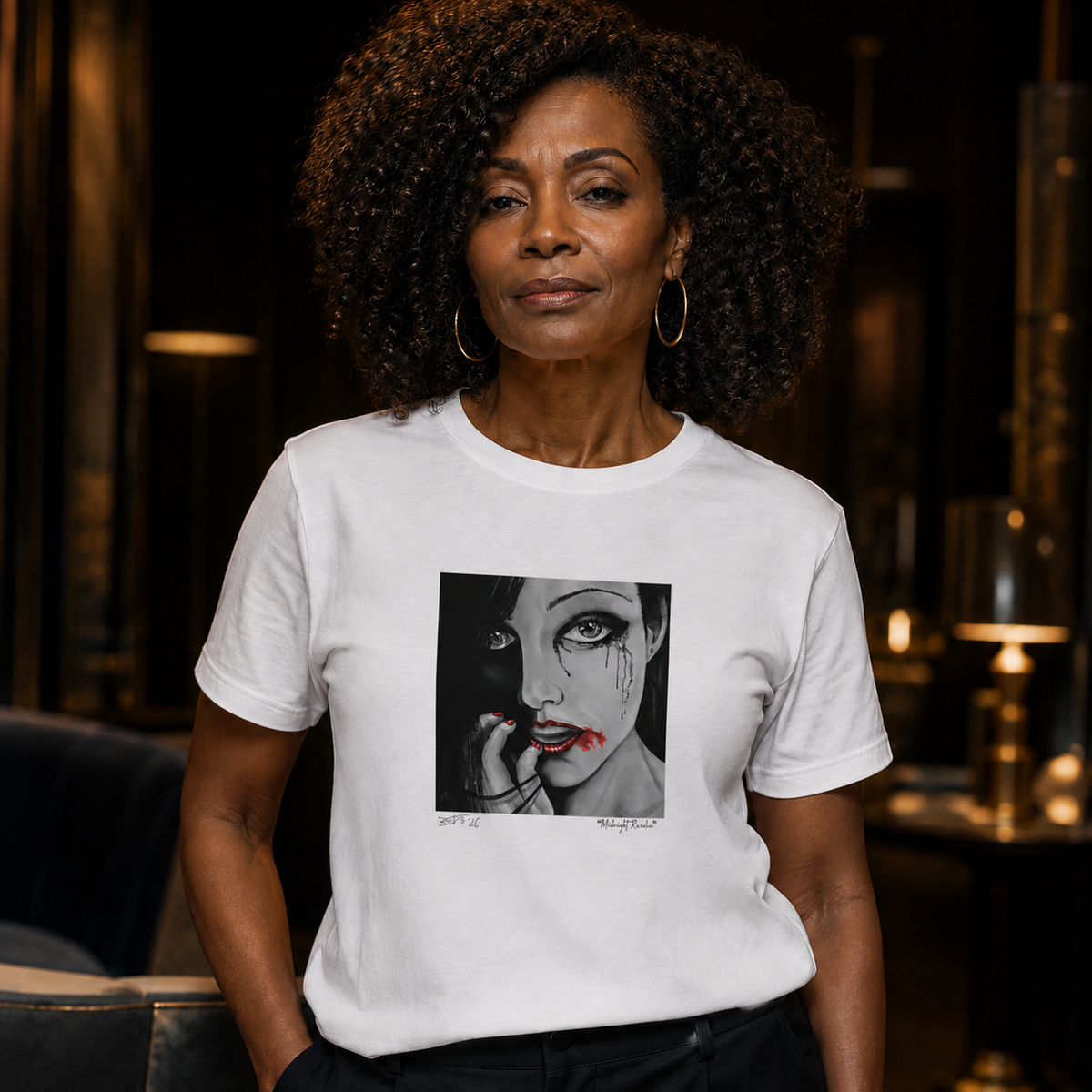 Woman wearing the Midnight Ambition original art T-shirt