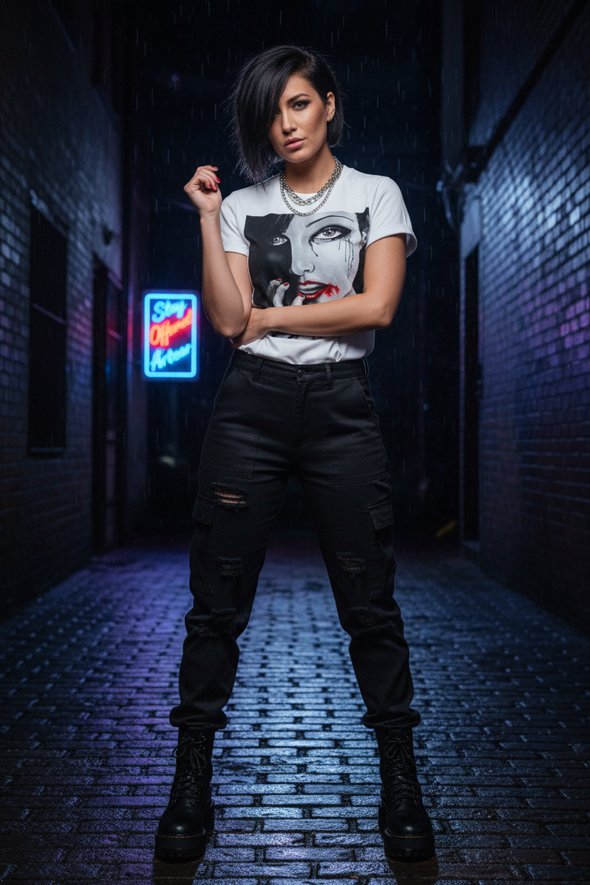 Model wearing the Midnight Resolve T-shirt