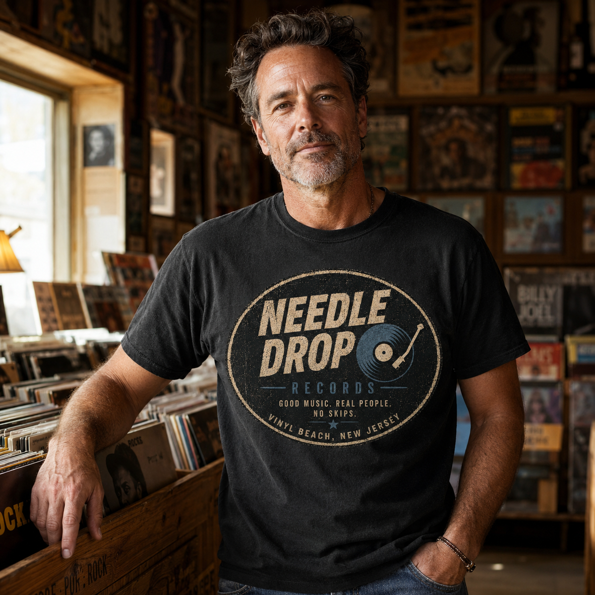 Model wearing the Needle Drop Records vintage black T-shirt