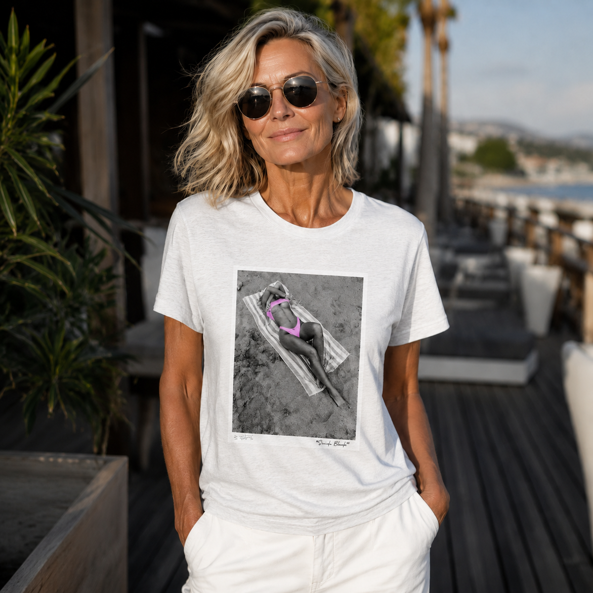 Woman wearing the Suicide Blonde original art T-shirt